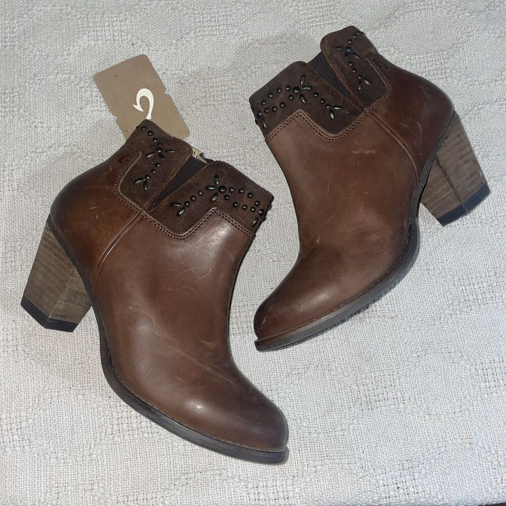 Olukai Women’s Heeled Booties Size 7 M Brown Leather Going Out Party Fun NWT